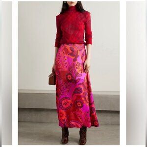 new Farm Rio bold floral satin maxi skirt in pink brown orange combo print